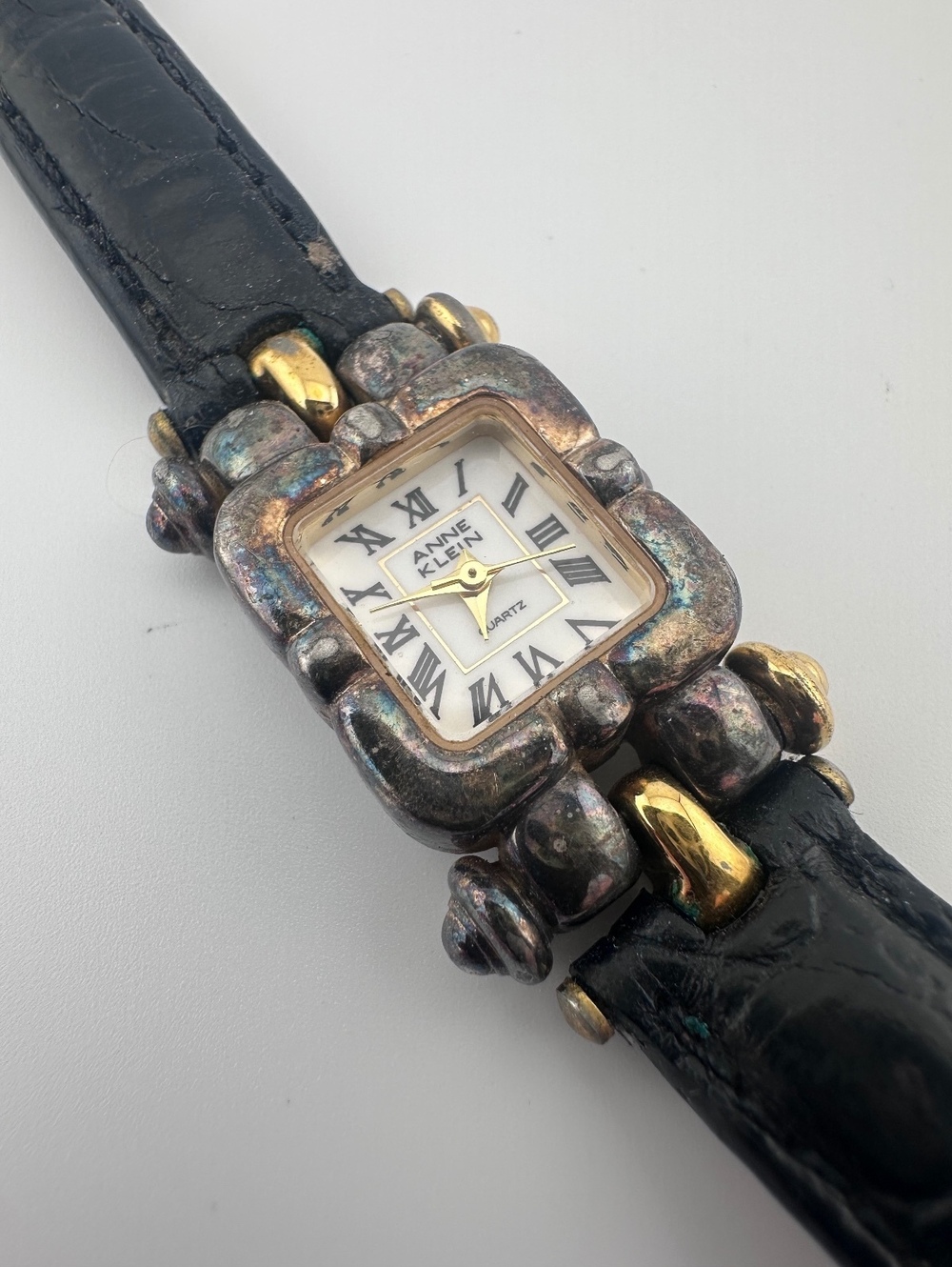 Vintage Anne Klein 29mm Two Tone Quartz Watch Black Leather Band